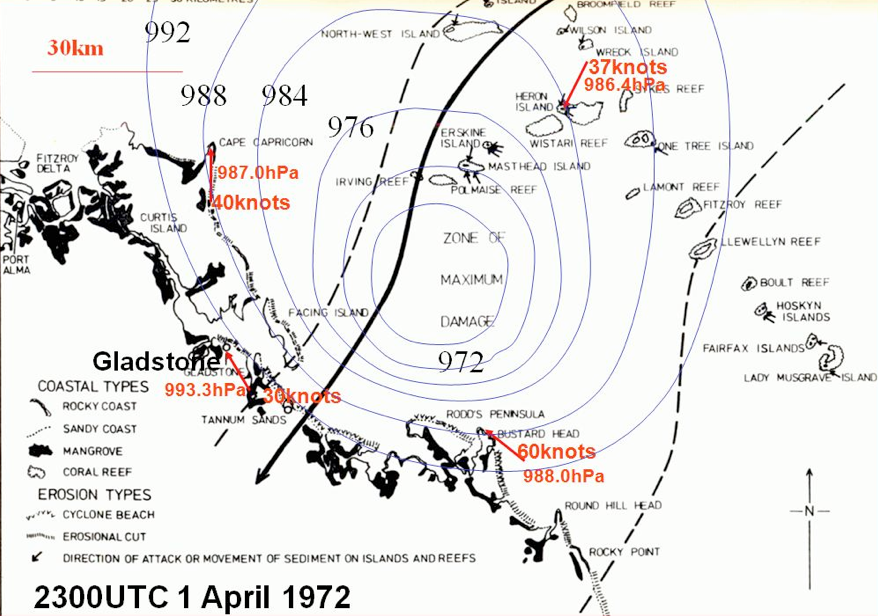 Cyclone Emily, 1972: analysis of approach overlayed with storm surge and wave damage